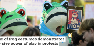 Demonstrators in frog costumes during the “No Kings” protest on Oct. 18, 2025, in Portland, Ore. Mathieu Lewis-Rolland/Getty Images